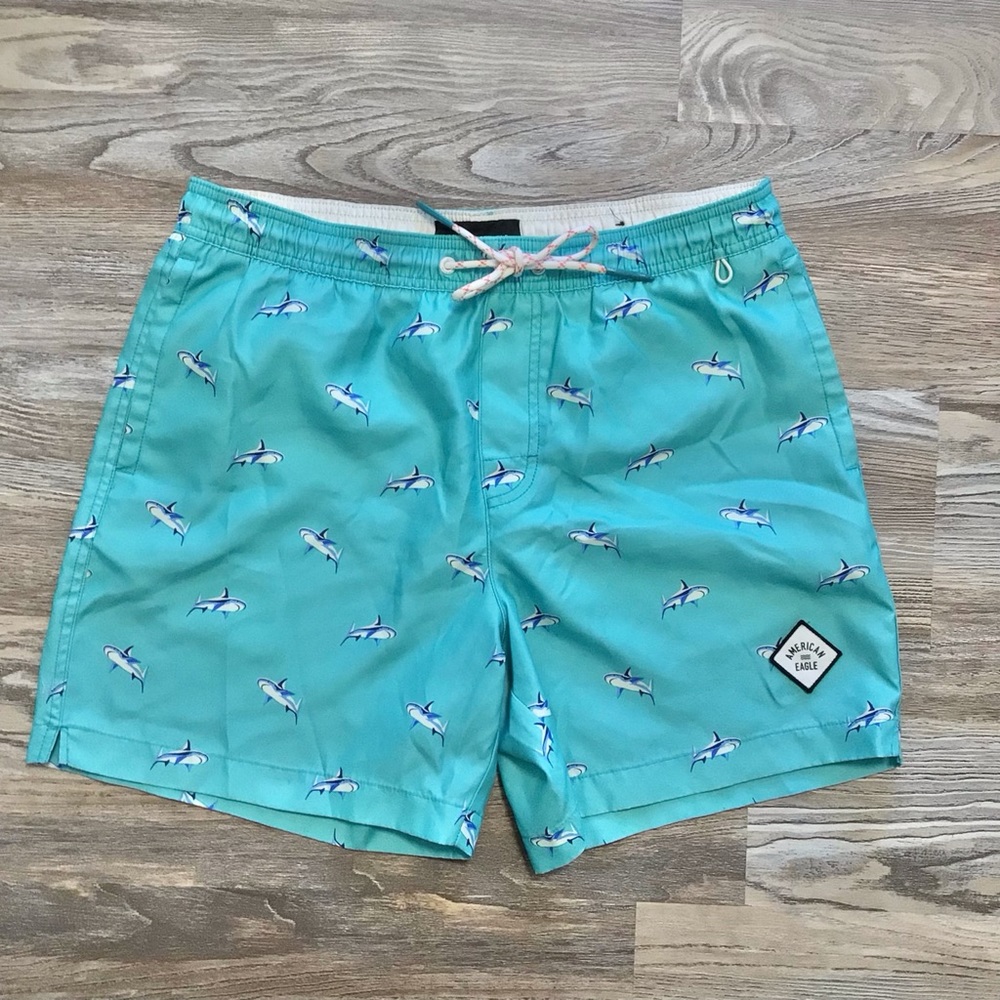 American Eagle Turquoise Shark Print Swim Trunks Mesh Lining Medium